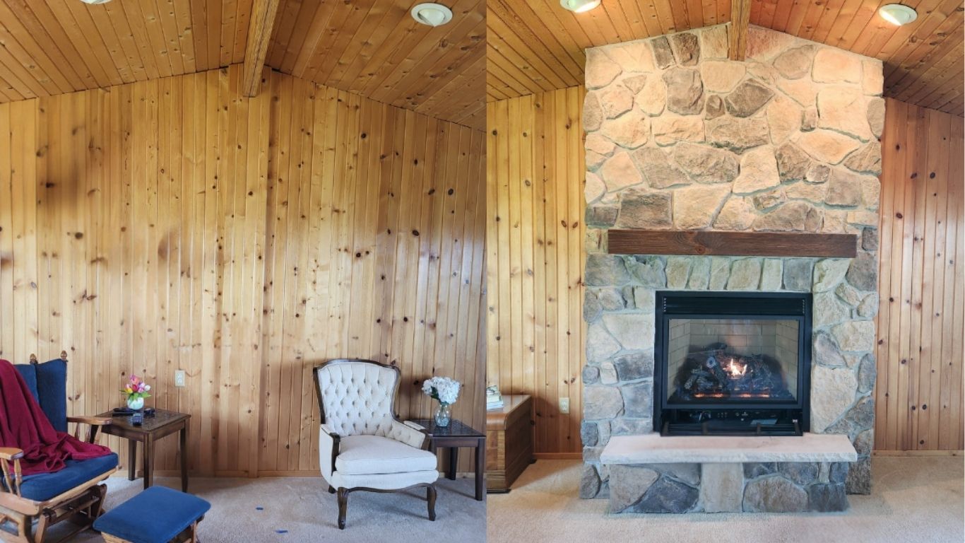 Custom fireplace remodeling with stone surround and wood mantel by Top Hat.